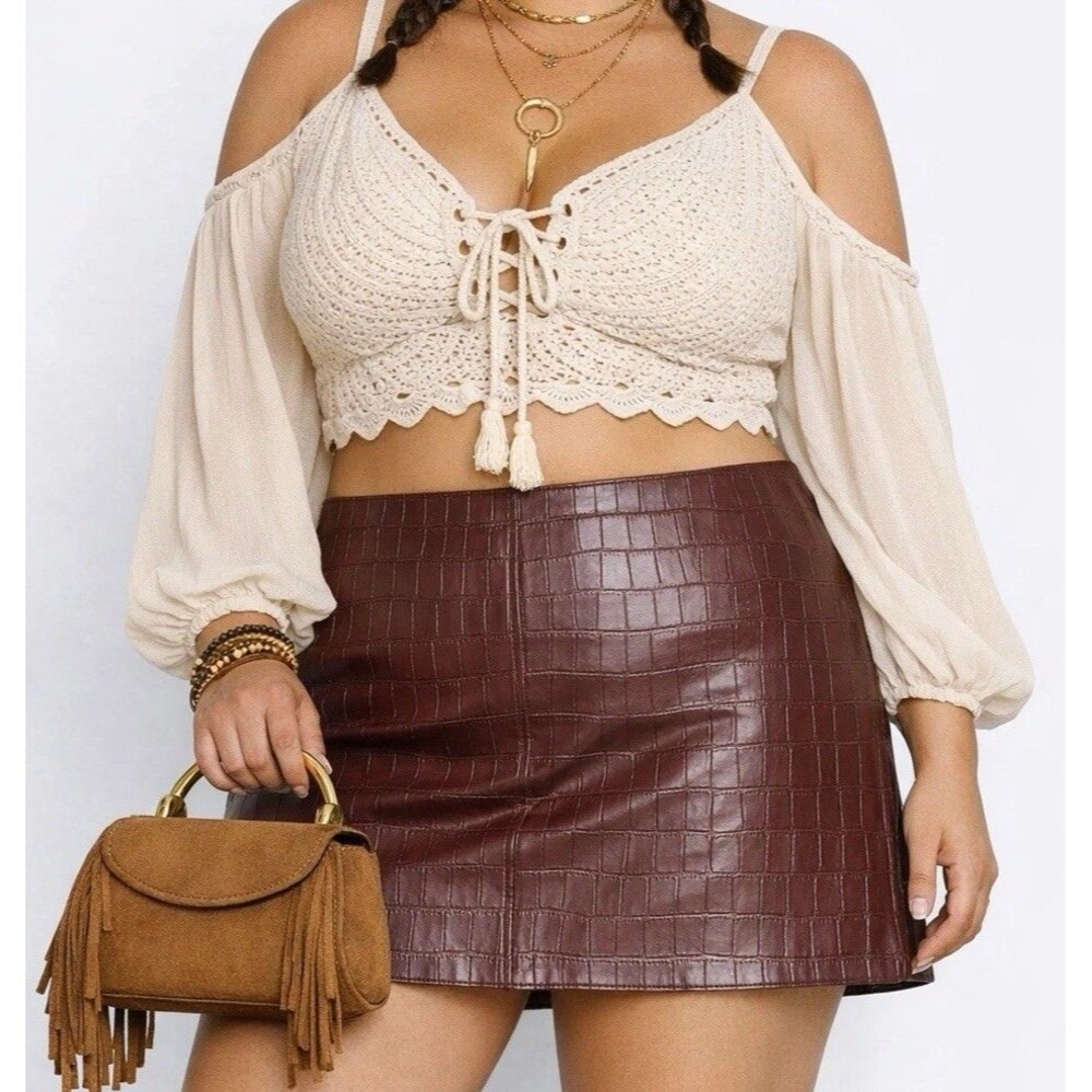 H&M Divided Faux Leather Mini Skirt 18 Brown Crocodile Festival Baddie Street